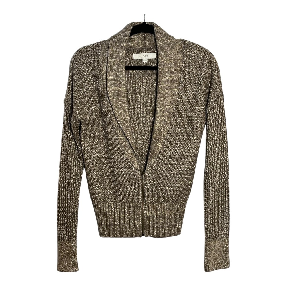 LOFT Womens Gold Metallic Shawl Collar Zip Front Cardigan Sweater Small‎ Taupe